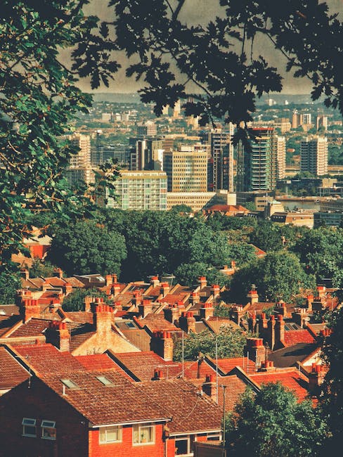 A high-angle view of a cityscape featuring a dense cluster of red-brick residential houses with sloped roofs and multiple brick chimneys, situated in the foreground. Behind the houses, there is an abundance of green trees filling the middle ground, providing a natural contrast to the urban environment. In the background, a modern city skyline with numerous high-rise office buildings and office blocks constructed from glass, steel, and concrete dominates the scene. Overhead, branches and leaves from a large tree frame the top of the image, partially obscuring the view and illustrating a natural leafy canopy. The lighting suggests daytime, with a subtle haze over the distant buildings, contributing to a sense of depth. This scene exemplifies a typical urban landscape, combining traditional residential housing with modern office developments, and subtly highlights the importance of landscape management and potential private rubbish or waste clearance in residential and commercial zones, as promoted by services like House Clearance Streatham.
